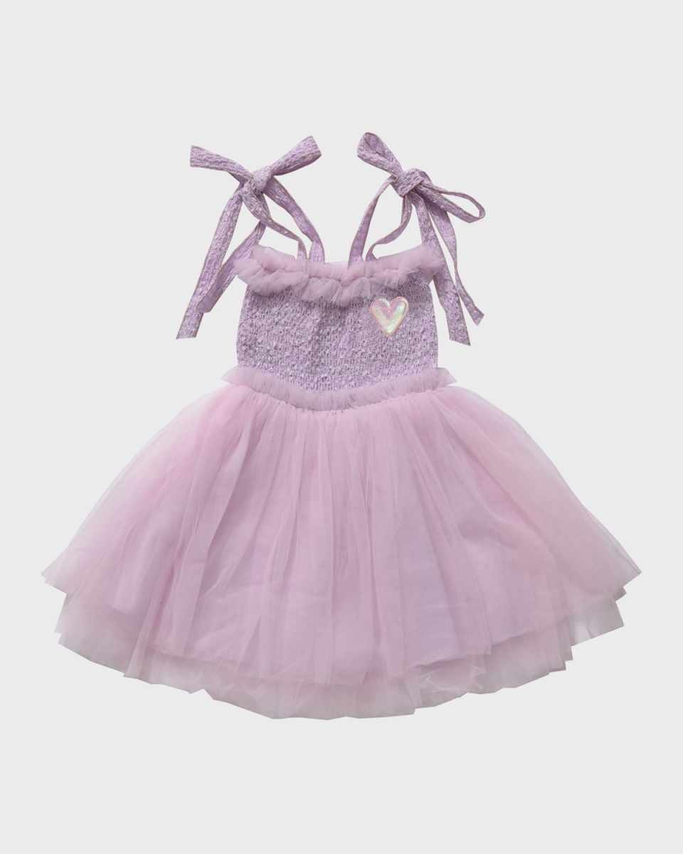 Girl's Smocked Tie-Shoulder Tulle Dress, Size 12M-10